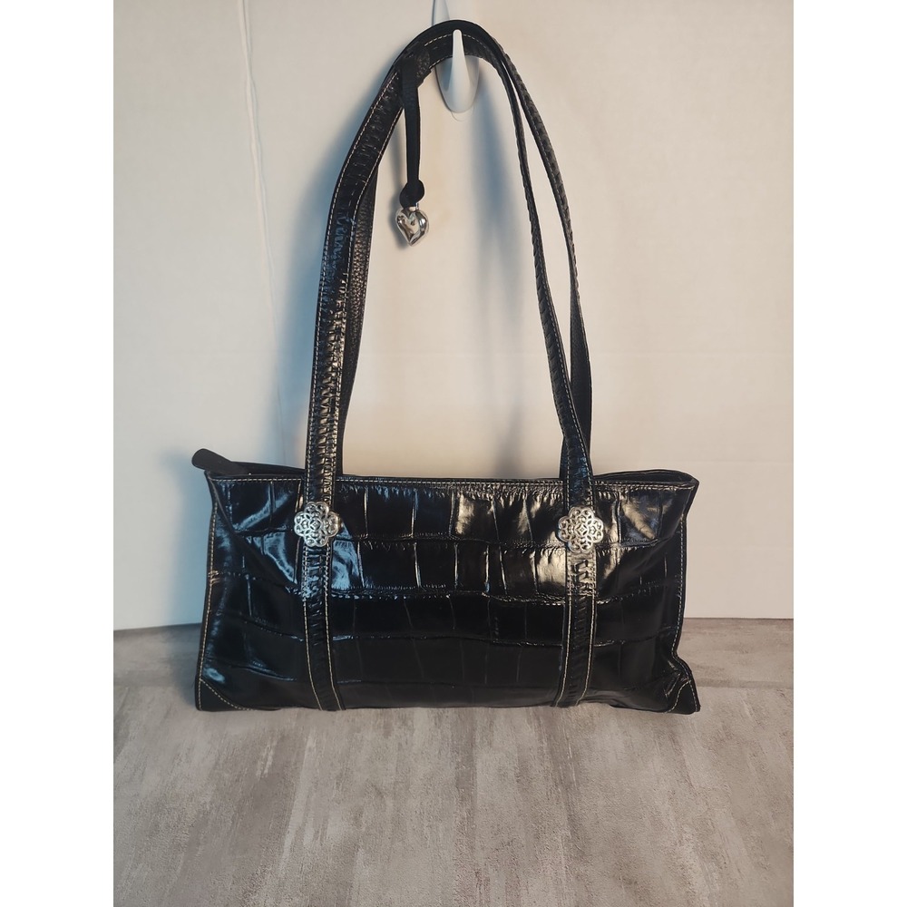 Brighton Sienna Leather Crocodile Embossed Shoulder Bag Black Luxury Preppy